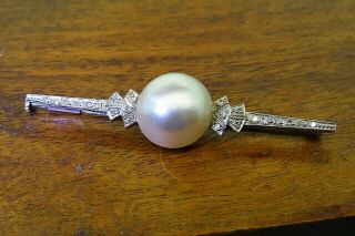 Vintage Palladium Art Deco Antique Diamond Mabe Pearl Brooch Filigree Bar Pin