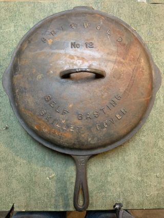 Vintage Griswold No.  12 Iron Skillet (719) W/matching Lid (472)