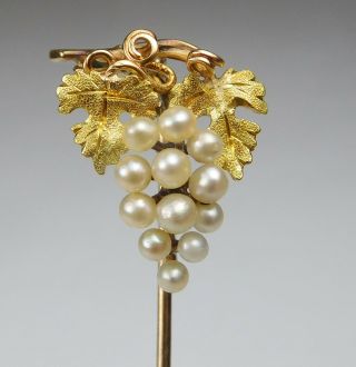 Vintage 10k Yellow Gold Stick Pin With A Cluster Of Seed Pearl Grapes