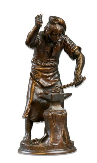 Signed Vintage Bronze Male Sculpture - Blacksmith Figure - Man - Adrien Gaudez