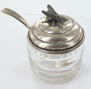 . Delightful / Vintage R B Co Usa Sterling Silver & Glass Honey Jar & Spoon.