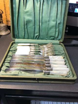 Antique Meriden Sterling & Mother Of Pearl Fork & Knife Set Of 6 Each Orig.  Case