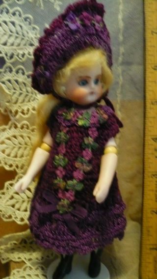 Lovely Purple French Crochet Dress,  Hat For 6 " Antique Slender All Bisque Doll