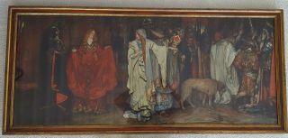 Wonderful Antique Framed Artwork Lithograph Print - Medieval Scene Vgc Gorgeous