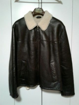Overland Shearling Sheepskin Leather Vintage Bomber Jacket Dark Brown Mens Large