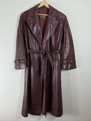 Vtg Etienne Aigner Womens Leather Trench Coat Burgundy Long Jacket Belt Size 14