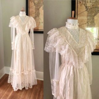 Vintage 70s Cream Lace Boho Hippie Victorian Wedding Maxi Dress Maybe Gunne Sax