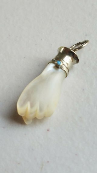 Antique Figa Fist Hand Carved Mother Of Pearl/turquoise Sterling Silver Pendant
