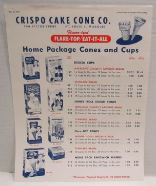 1953 Crispo Cake Cone Co Advertising Flyer Hopalong Cassidy Ice Cream Cones