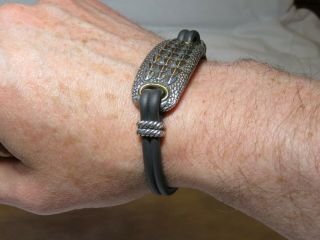 RARE David Yurman Men ' s Sterling Silver 18k Gold Alligator Black Rubber Bracelet 10
