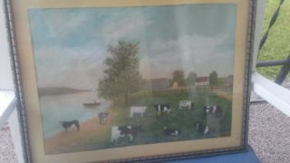Vintage Folk Art Dairy Farm Watercolor Painting Cow E.  H.  Pike Mohawk Valley Ny