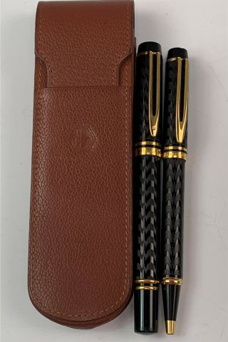 Vtg.  Waterman Black & Gold Fountain & Ballpoint Pen Set In Leather Case,  18k