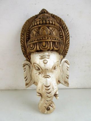 Vintage Old Wooden Hindu God Ganesha Face Head Figure Home Decor Wall Hanging