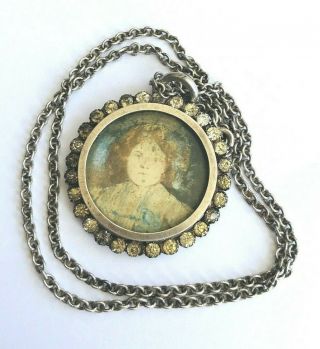 Vintage Solid Silver Locket Pendant Old Pastes Stones With Chain Necklace