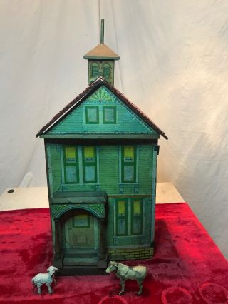 Antique Two Story Schoenhut Cardboard And Wood Fully Furnished Doll House