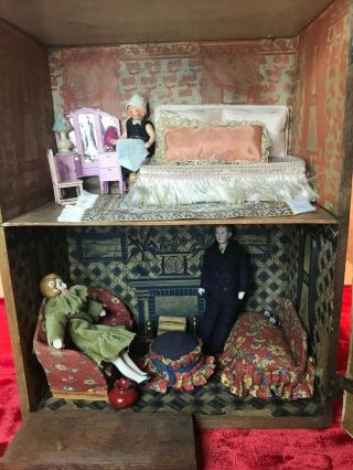 Antique Two Story Schoenhut Cardboard And Wood Fully Furnished Doll House 3