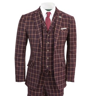 Mens Vintage Prince Of Wales Check Maroon Plum Retro Tailored Fit 3 Piece Suit