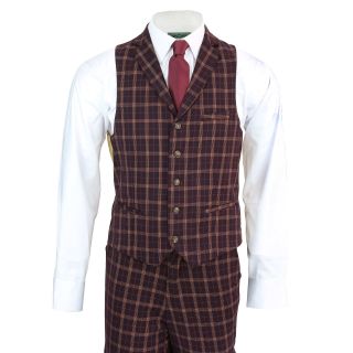 Mens Vintage Prince of Wales Check Maroon Plum Retro Tailored Fit 3 Piece Suit 3