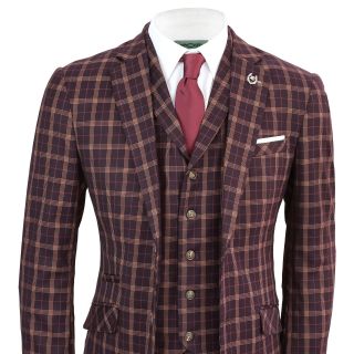 Mens Vintage Prince of Wales Check Maroon Plum Retro Tailored Fit 3 Piece Suit 4