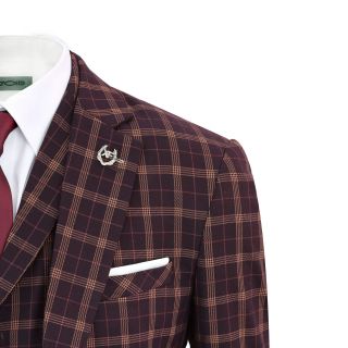 Mens Vintage Prince of Wales Check Maroon Plum Retro Tailored Fit 3 Piece Suit 5