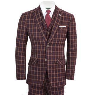 Mens Vintage Prince of Wales Check Maroon Plum Retro Tailored Fit 3 Piece Suit 6