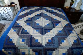 Vintage Handmade Multi Color Square Quilt Pieced Patchwork Blue / White 103x85