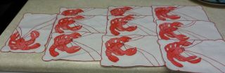 Vintage Embroidered Linen Cocktail Napkins 7 3/4 " X 5 " Set Of 10 Lobster