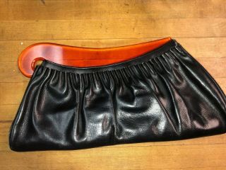 Vintage Jenny York Paris Black Leather Bag With Lucite Handle Unique Clutch