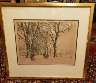 Rare T.  F.  Simon " Country Road In Snow " Colored Auqatint Etching 65