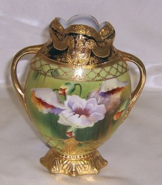 Vintage Nippon Japan Gold Encrusted Vase Hand Painted Flowers Blue Mark C1920