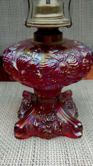 Very Rare Fenton Poppy Red Carnival Kerosene or Oil Lamp Rose Presznick 2