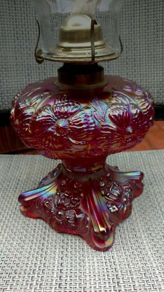 Very Rare Fenton Poppy Red Carnival Kerosene or Oil Lamp Rose Presznick 3