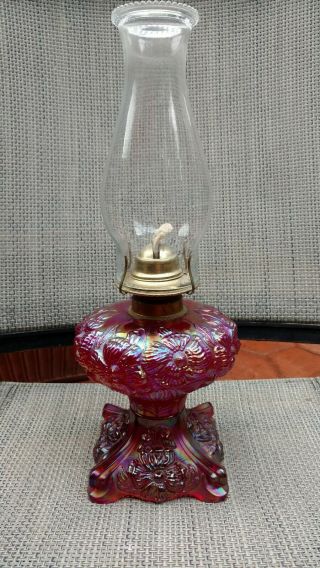 Very Rare Fenton Poppy Red Carnival Kerosene or Oil Lamp Rose Presznick 5