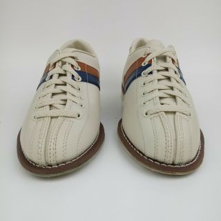 Striker by NSG Bowling Shoe Men ' s Size 7.  5 Leather Beige Striped Brown/Blue VTG 5