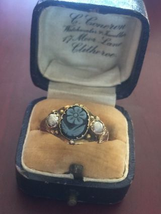 Rare Antique Victorian 22ct Gold Blue Flower Cameo Ring With Pearls Size N