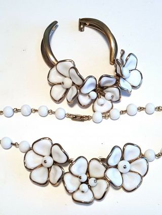 Trifari Necklace & Hinged Bracelet 3 - Flower White Camellia Poured Glass