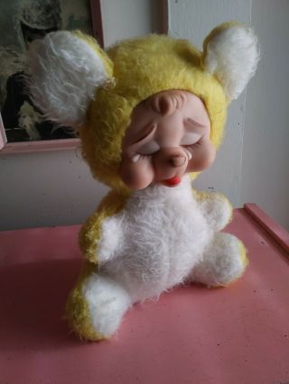 Vintage Rushton Rubber Face Plush Teddy Bear Yellow White Crying Sad Face 2