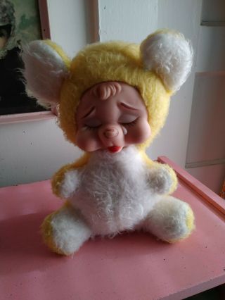 Vintage Rushton Rubber Face Plush Teddy Bear Yellow White Crying Sad Face 3