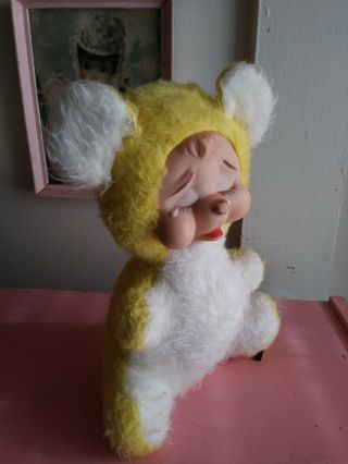 Vintage Rushton Rubber Face Plush Teddy Bear Yellow White Crying Sad Face 7
