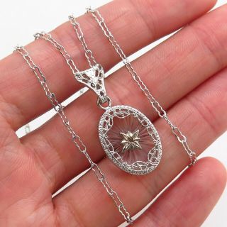 Antique Art Deco Sterling Silver Rhinestone Camphor Glass Oval Pendant Necklace