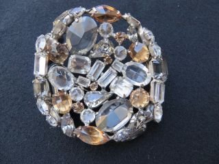 Vtg Schreiner York Silver Tone Amber & Clear Inverted Rhinestone Pin Brooch