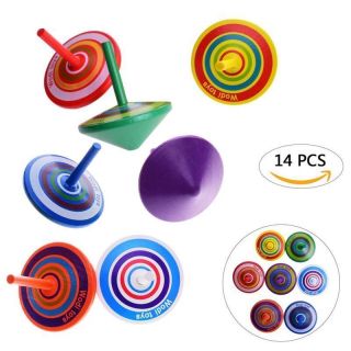 14pcs Colorful Wooden Spinning Tops Craft Gift Gyro Toy Peg - Top For Kids Adults