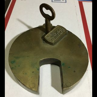 Orig vintage large oversized Slaymaker Lock Circular Brass Pad Lock w/key 4