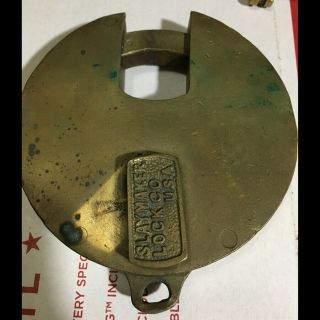 Orig vintage large oversized Slaymaker Lock Circular Brass Pad Lock w/key 6