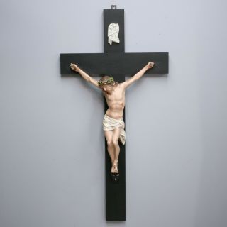 Vintage 29” Wood Cross Crucifix Chalkware Corpus Jesus Christ Inri Plaque