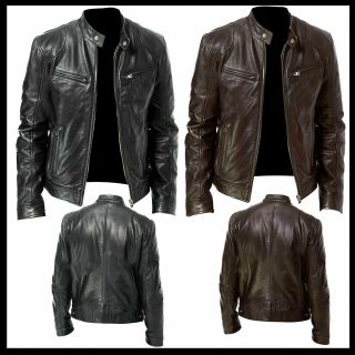 Mens Vintage Cafe Racer Black Brown Leather Slim Fit Real Biker Jacket