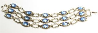 Vintage Art Deco Faceted Blue Topaz Glass Rhinestone Wide Link Chain Bracelet