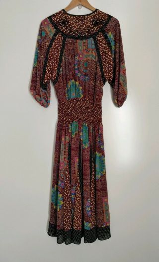 Diane Freis Vintage 1980 ' s Bohemian Dress Multi Color Floral Variety Print Tie 2