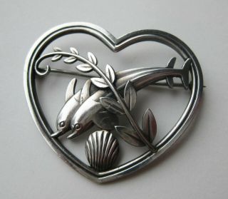 Fine Vintage Georg Jensen Denmark Sterling Silver Heart Brooch Dolphin Pin 312