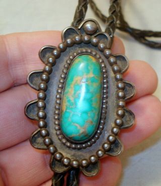 Vintage Navajo Old Pawn Sterling Silver & Turquoise Bolo Tie Bennet Pat.